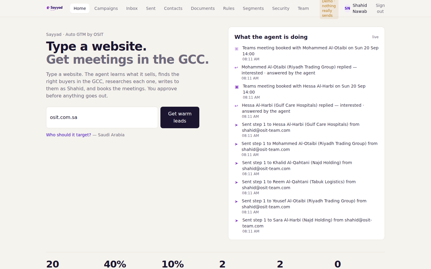Home: one input, live agent feed, campaigns graded scaling / working / learning.