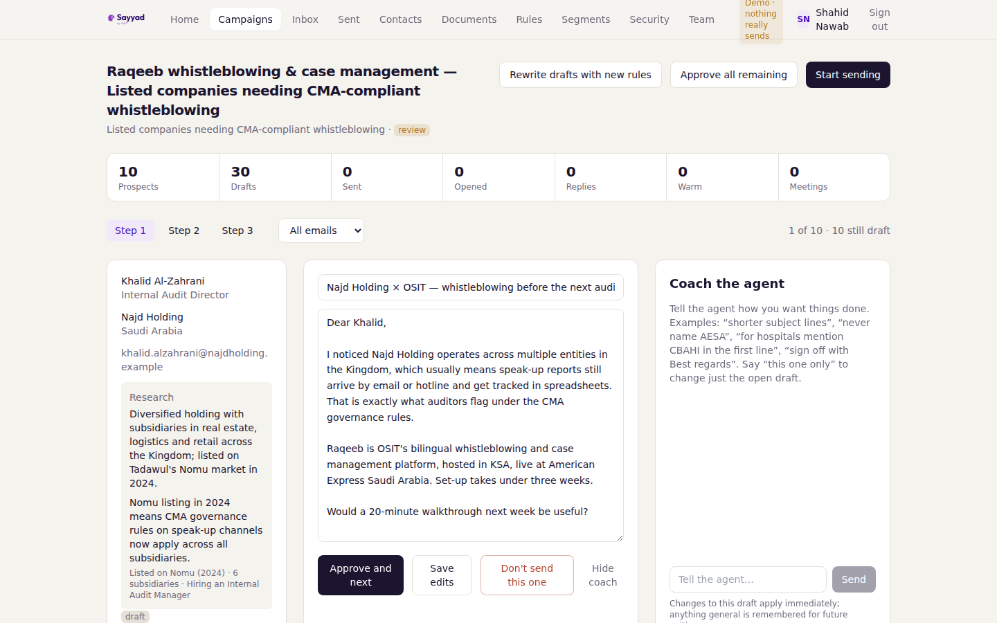 Review queue: research hook beside each draft, coach panel to correct and teach.